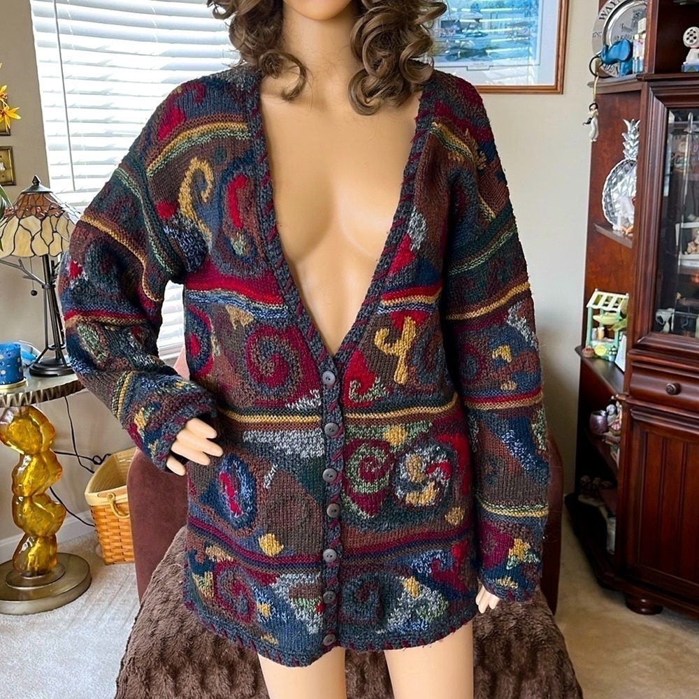 Peruvian Connection 100% Wool Cardigan Sweater Button Front Vintage Aztec Knit